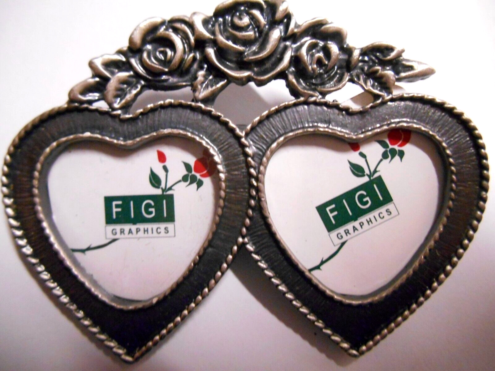 FIGI Token of Love Double Heart Rose Photo Frame Lapel Pin Pewter Brooch