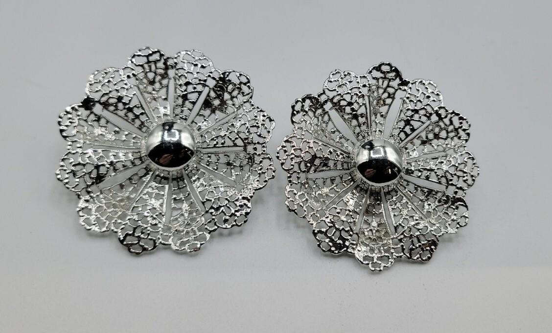 Vintage Sarah Coventry Statement Earrings Huge Flower Filigree Lace Clip On 1.5”