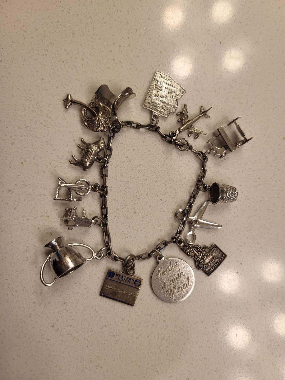 Vintage Charm Bracelet Lot – 14 Charms Sewing Travel Related