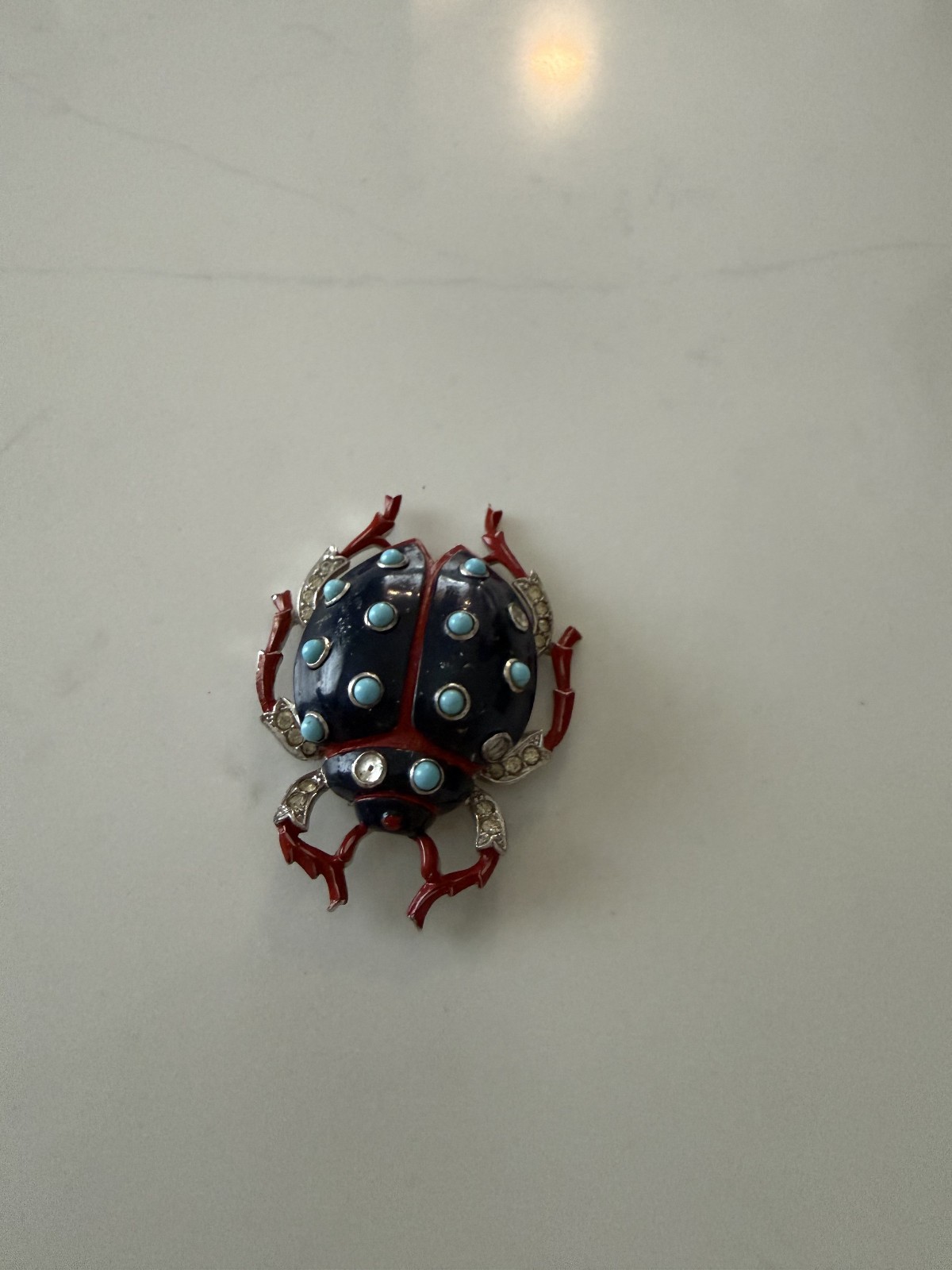 Trifari ‘Alfred Philippe’ Pave Navy Enamel/Turquoise Cabochons Ladybug Pin Clip