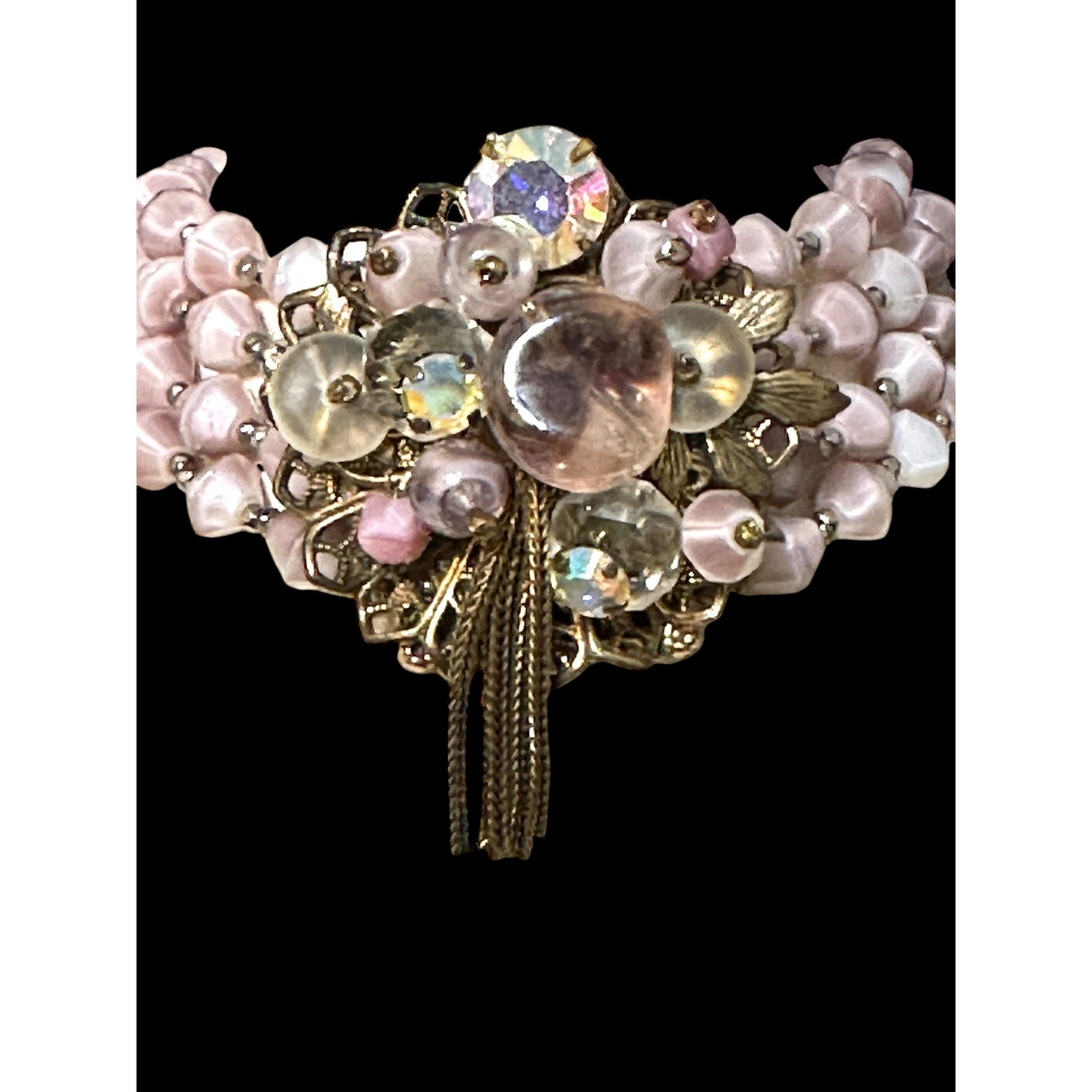 Vintage Pink Opaline Glass Multi Strand Bracelet AB Rhinestone Floral Tassel