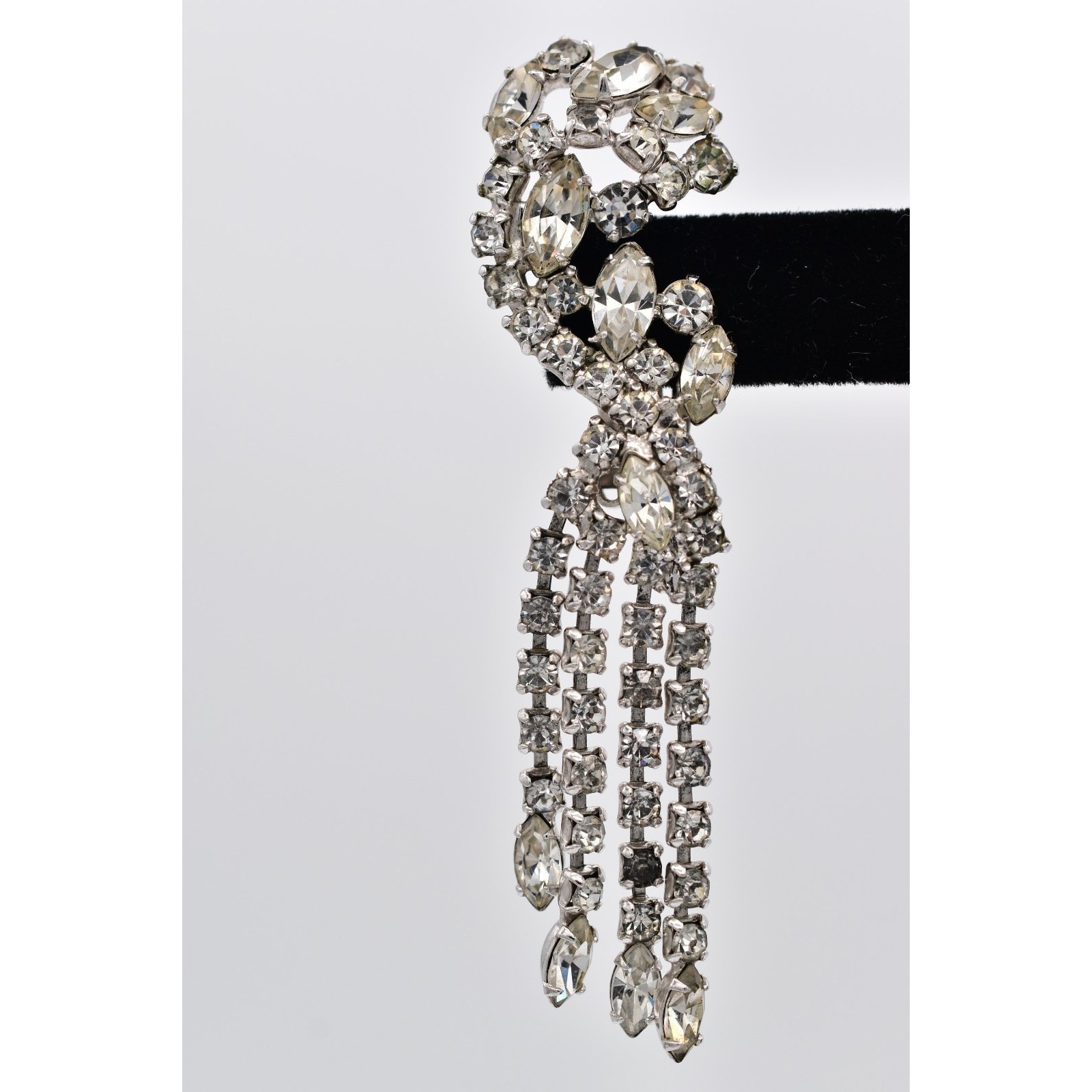Vintage Crystal Climber Fringe Clip On Earrings Rhinestone Dangle Tassel BinAZ