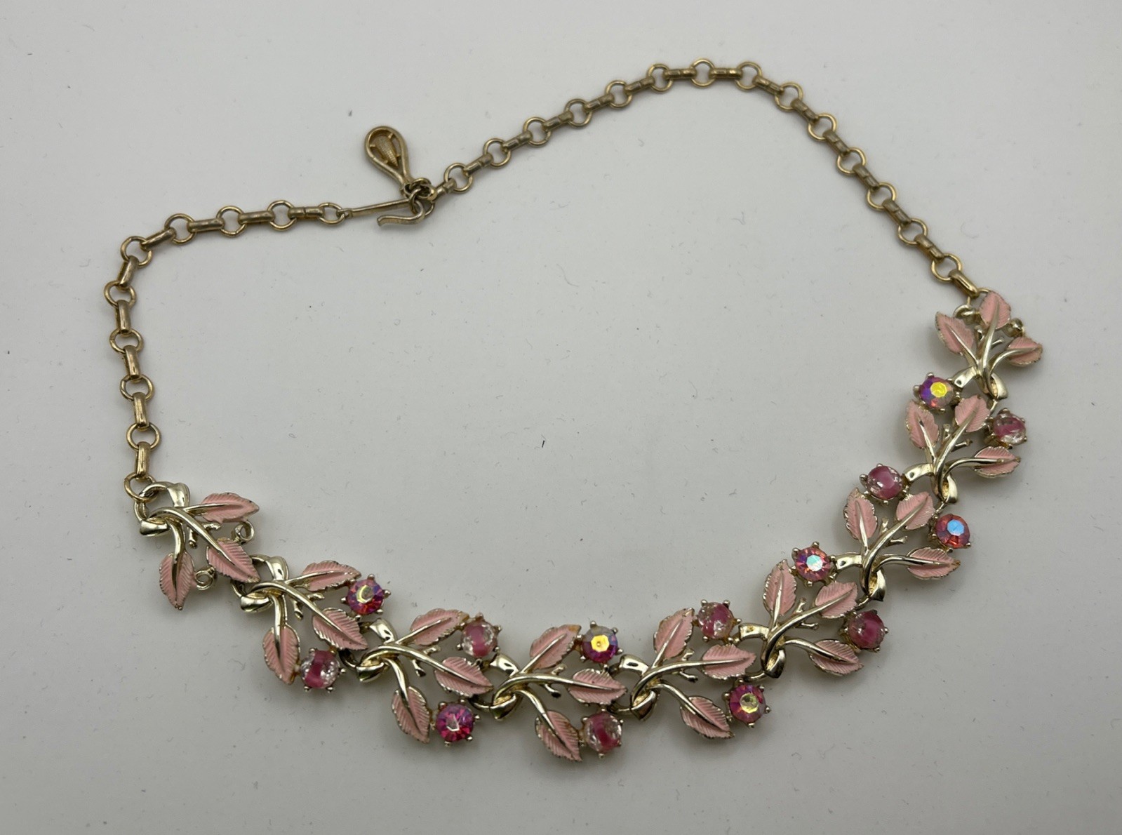 Coro Necklace Mid-Century Gold Pink Leaves W/ Pink Rhinestone Flowers Choker