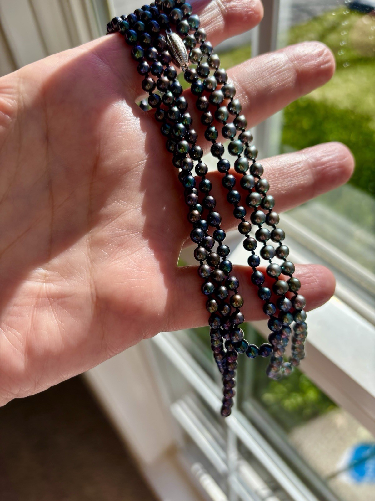 Vintage 4mm Black Pearl Necklace European 835 Sterling Silver Clasp 32” Long