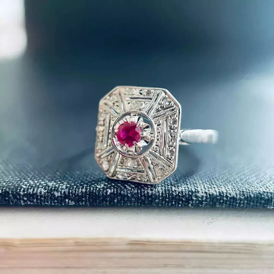 Art Deco Style Lab Created Diamond & Ruby Engagement 14K White Gold Finish Ring