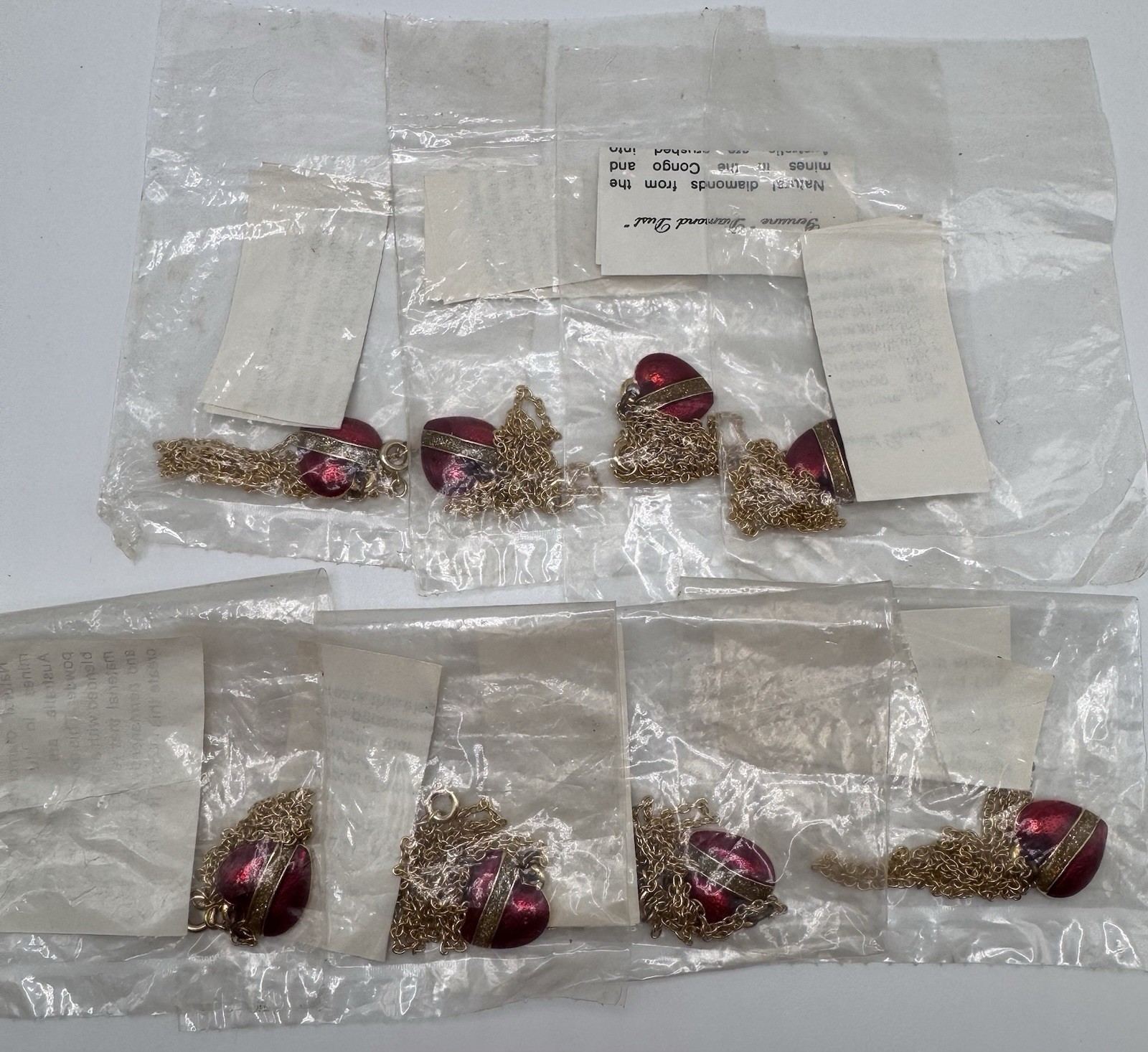 Vintage Lot Of 8 New Old Stock Red Enamel Heart Diamond Dust Necklace Gold Tone