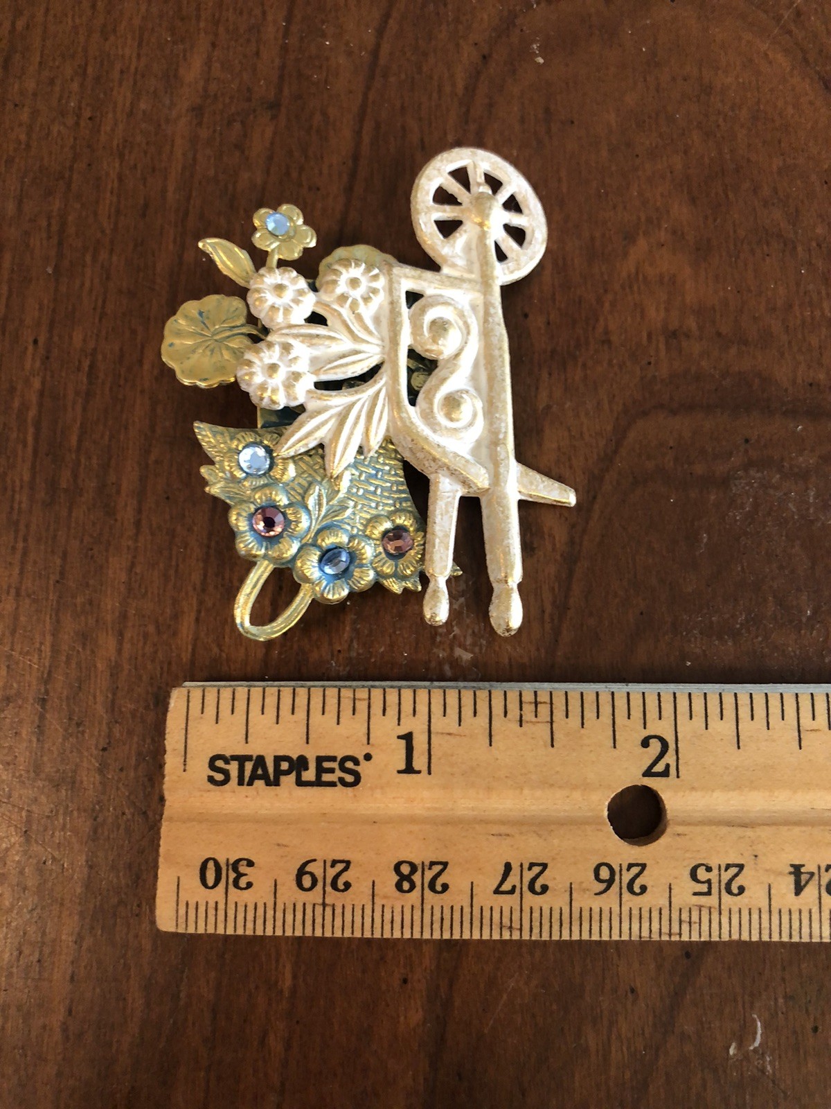 Two Vintage Brooches Flower Wheelbarrow & Iridescent White Cat Beautiful Pins