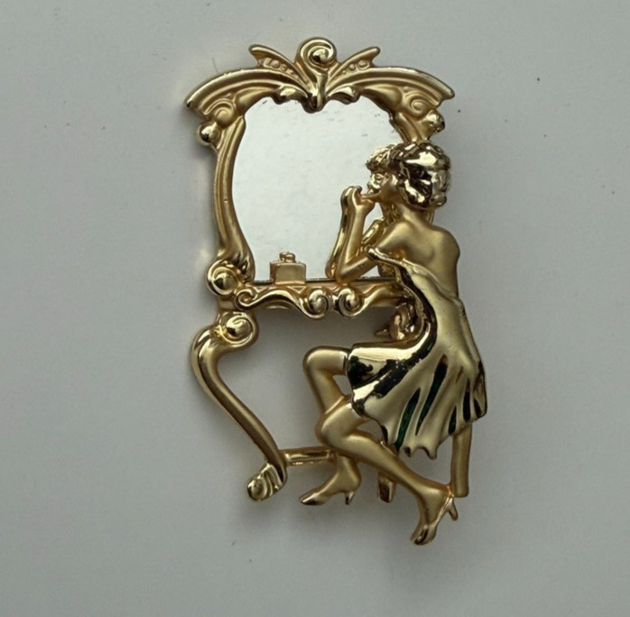 Vintage 1980s Gold Tone Woman at Vanity Mirror Brooch Pin Figural 2.5″
