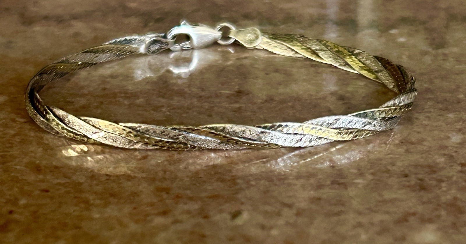 Vintage FMC Italy Bi Color Sterling Silver Woven Twist Bracelet 7” 4 MM 5.4 G