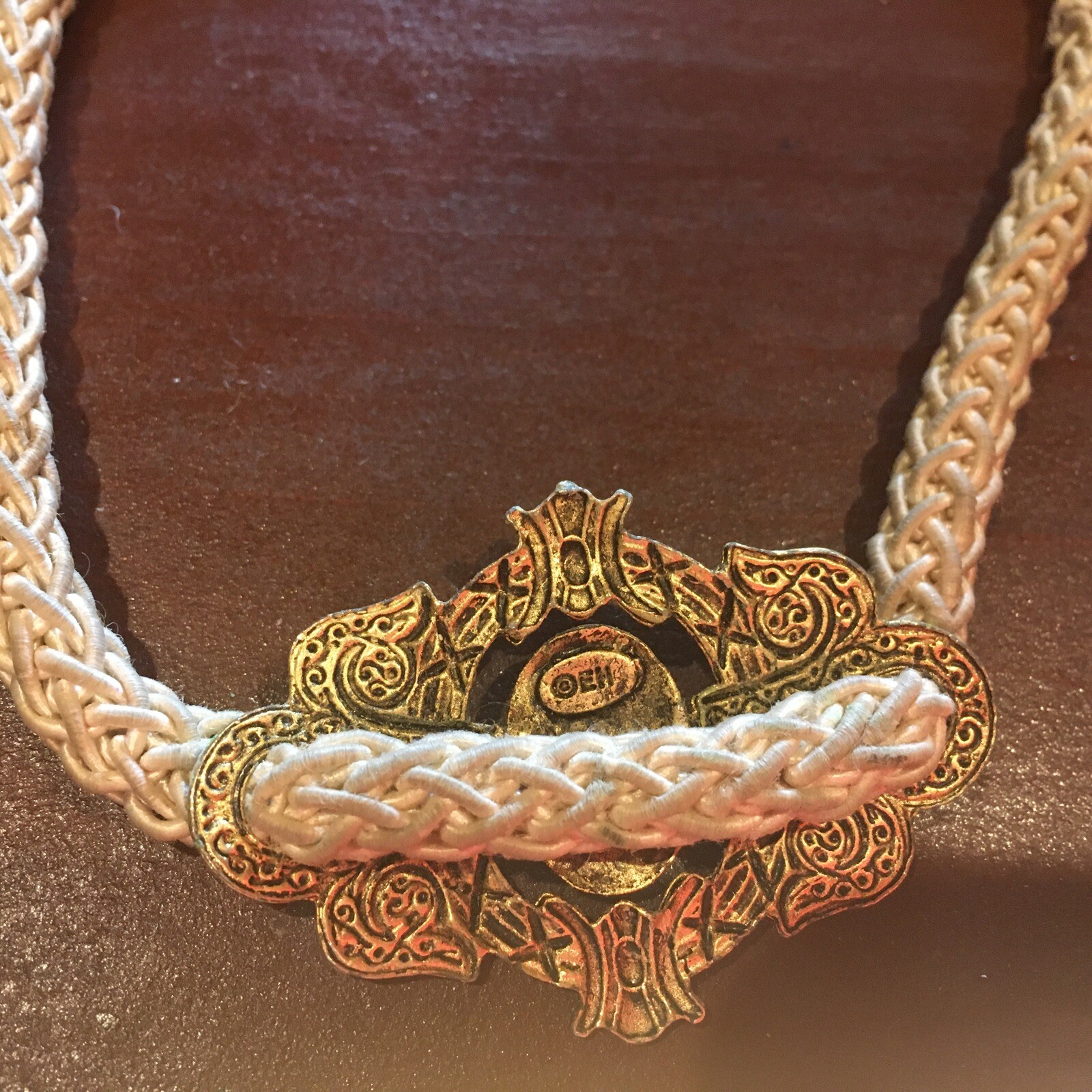 Unique Corded Necklace Bone Color And Goldstone Marked EH Victorian