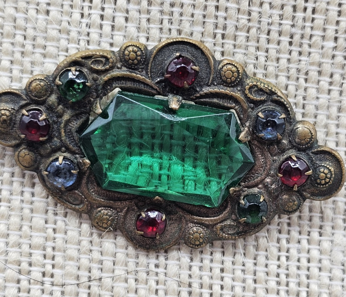 Antique Bohemian Edwardian Art Nouveau Brooch Green Glass Bronze Prong Set Pin