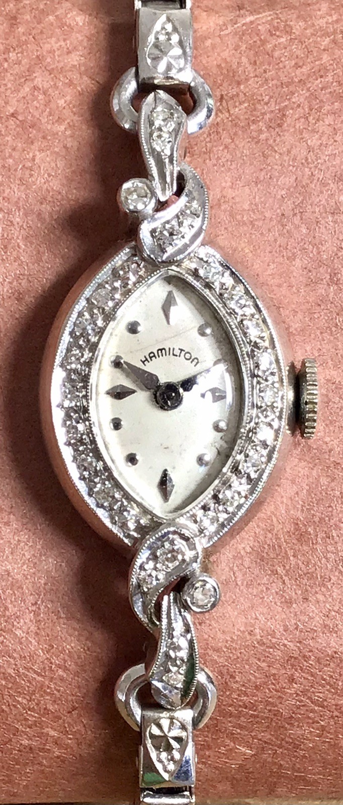 Works! EUC Vintage Antique Hamilton 14k White Gold 28 Diamonds Ladies Watch X57