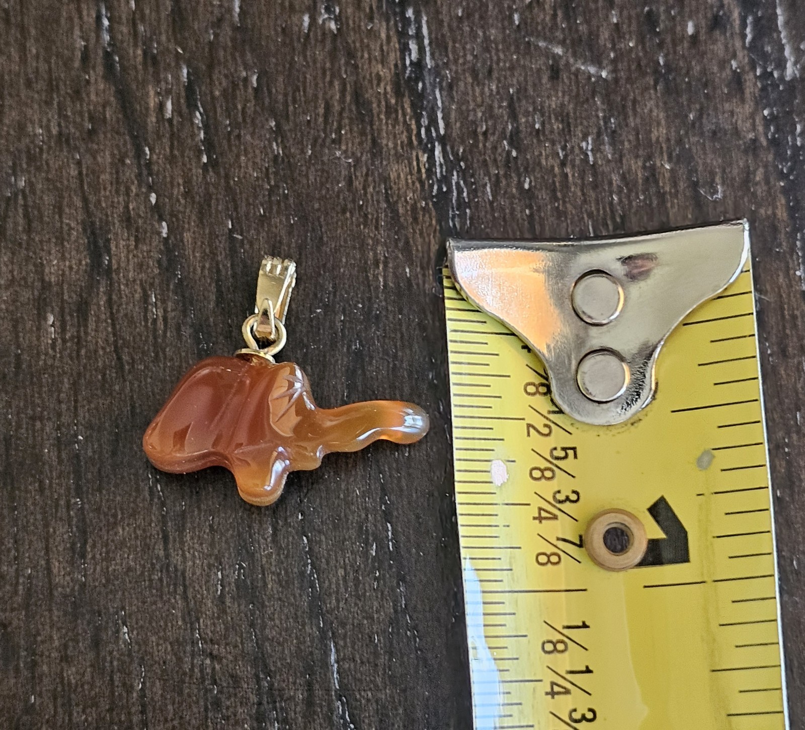 Vintage Carved Carnelian Agate Elephant Charm Pendant Lucky Trunk Up Gold Tone