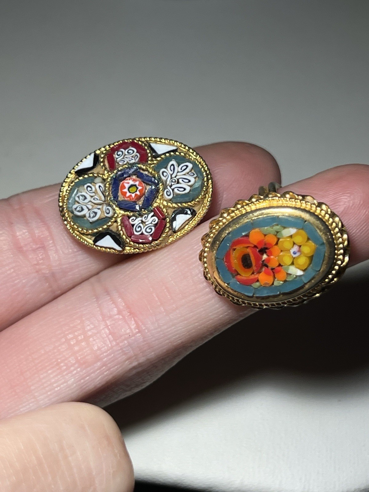 Two Vintage Italian Micro Mosaic Floral Chipped Glass Adjustable Rings