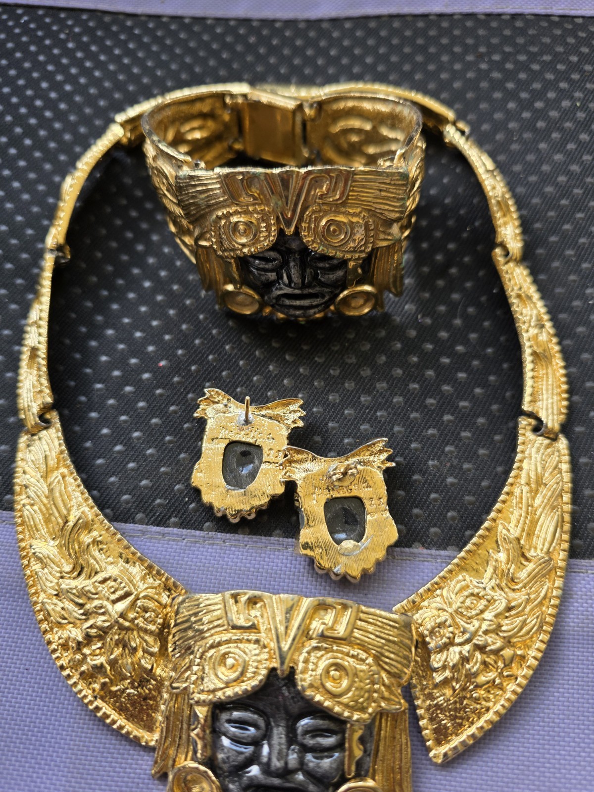 Salvador Teran for Marbel Mexico Necklace Set Aztec Maya 22k Plated Pre Owned #7