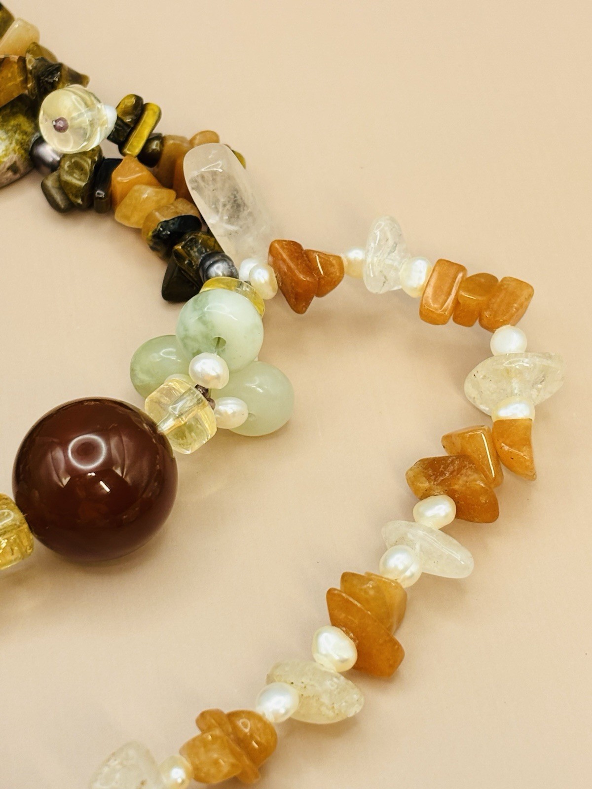 Vintage Natural Gemstone Multi Strand Boho Tigers Eye Carnelian Pearl 28”