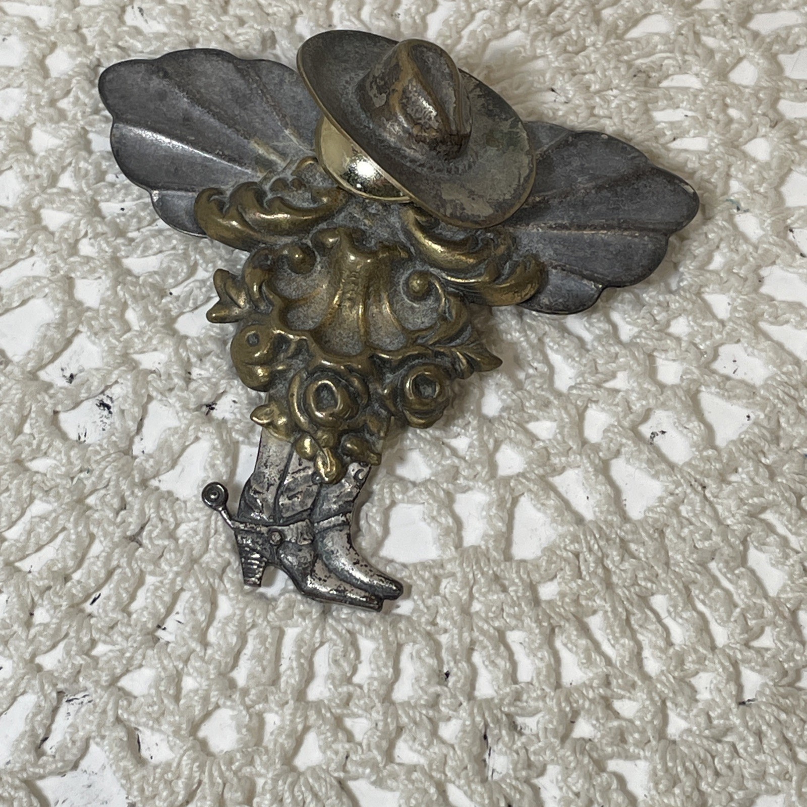 Vintage Unsigned Try-Colored Cowgirl Guardian Angel Brooch