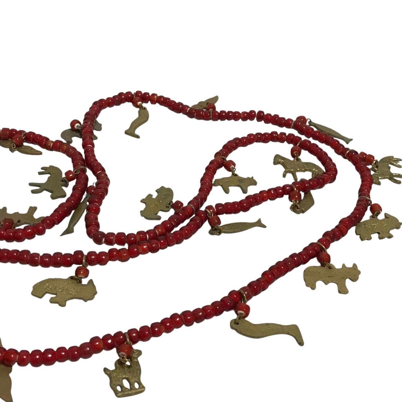 Vintage Chachal Red Glass Bead Necklace Brass Animal Charms 56” Strand India