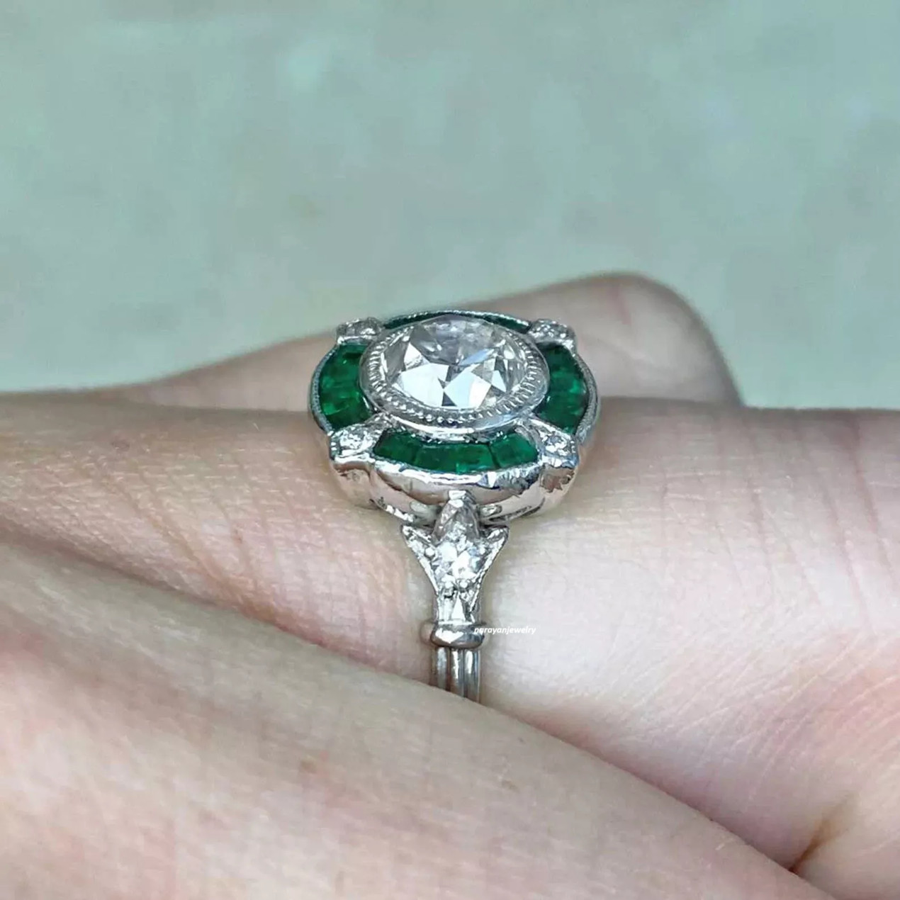 Art Deco Vintage Style Emerald Lab Created Diamond White Gold FN Engagement Ring