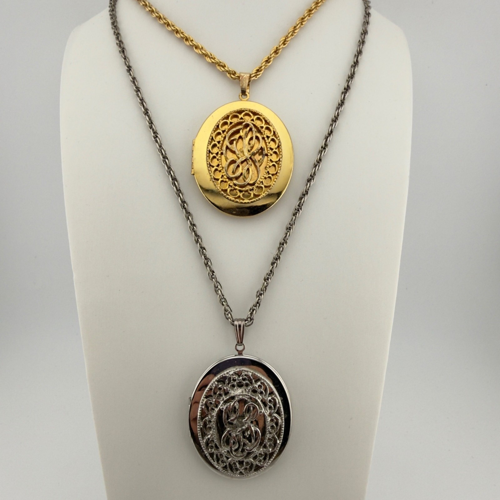 Vintage Large Oval Locket Necklace Set of 2 Gold Tone Silver Tone