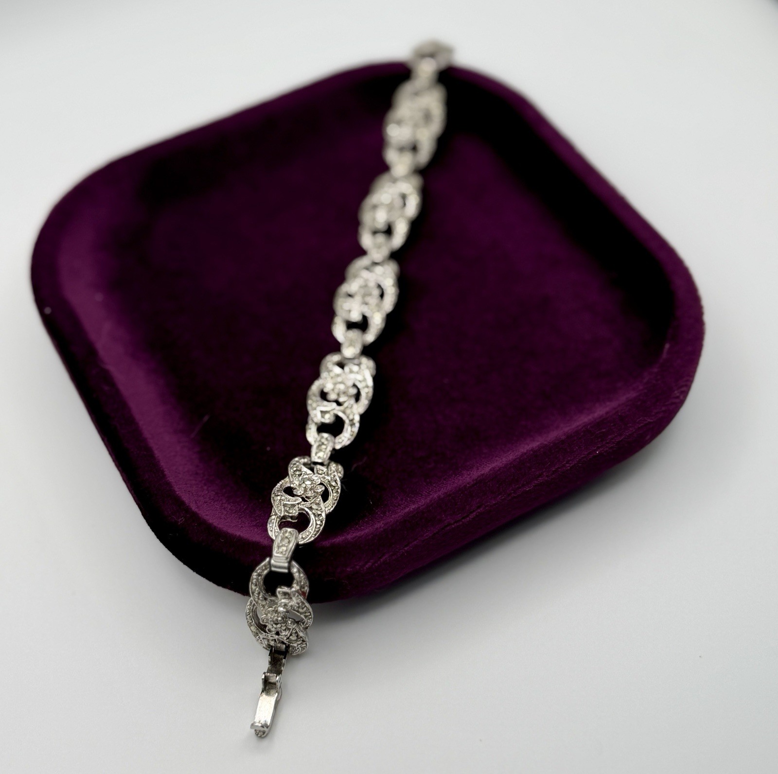 Antique Signed SPHINX Marcasite Link Bracelet Art Deco 1950s Floral Silver Tone