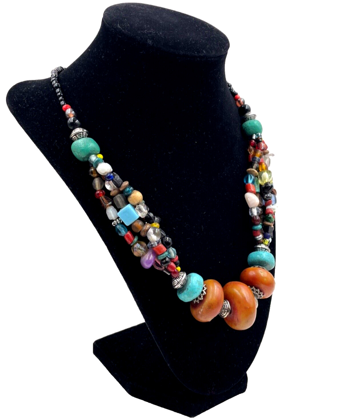ETHNIC AFRICAN AMBER TRIBAL BERBER NECKLACE HAND-MADE GLASS BEADS BRONZE METAL R