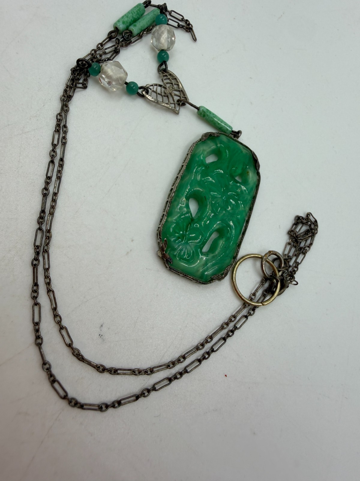 Vintage Necklace Art Deco Green Art Glass FloralBrass Asian Pendant Filigree PJ