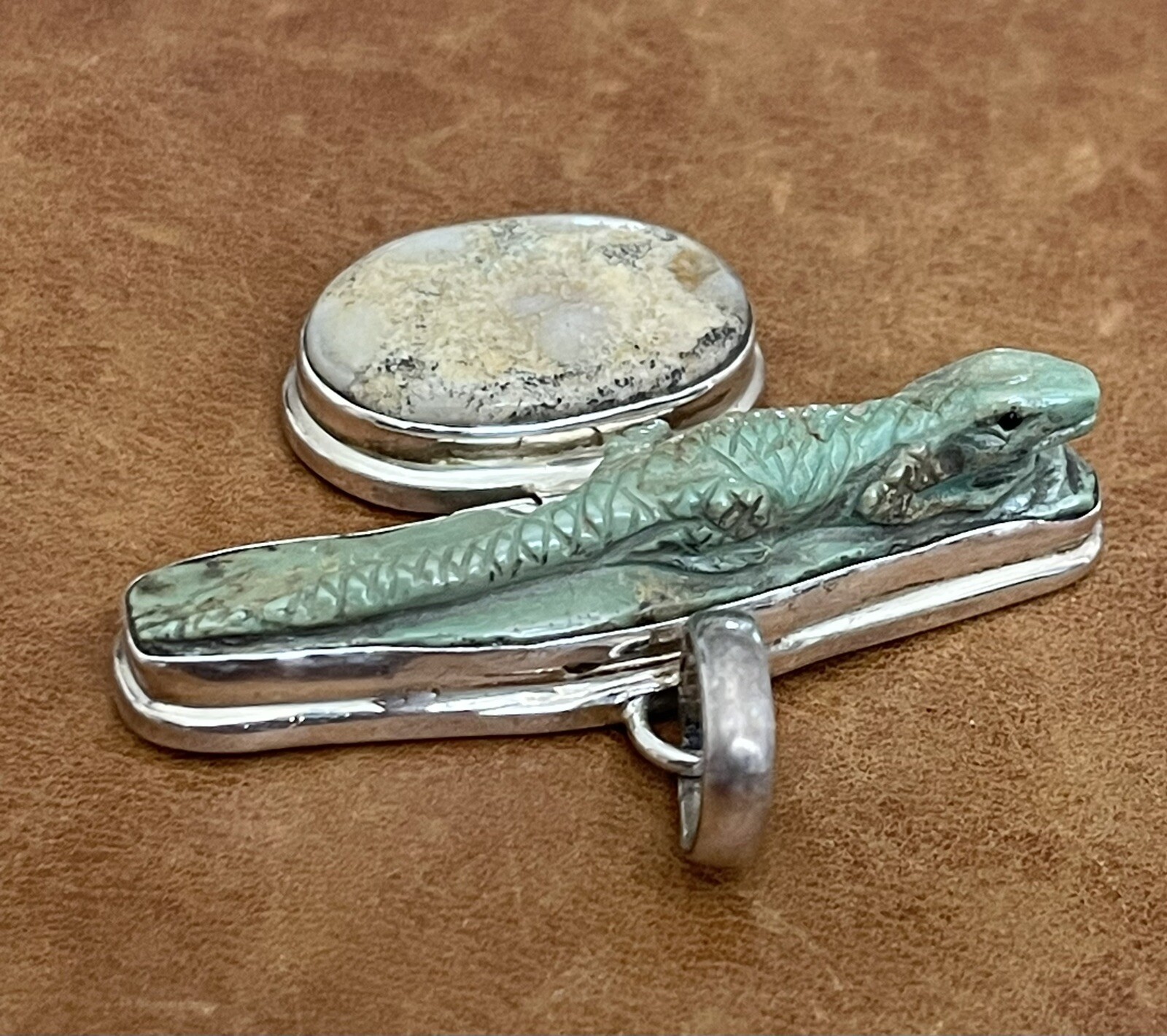 Vintage 925 Green Turquoise, Jasper Artist Created Lizard Motif Large Pendant