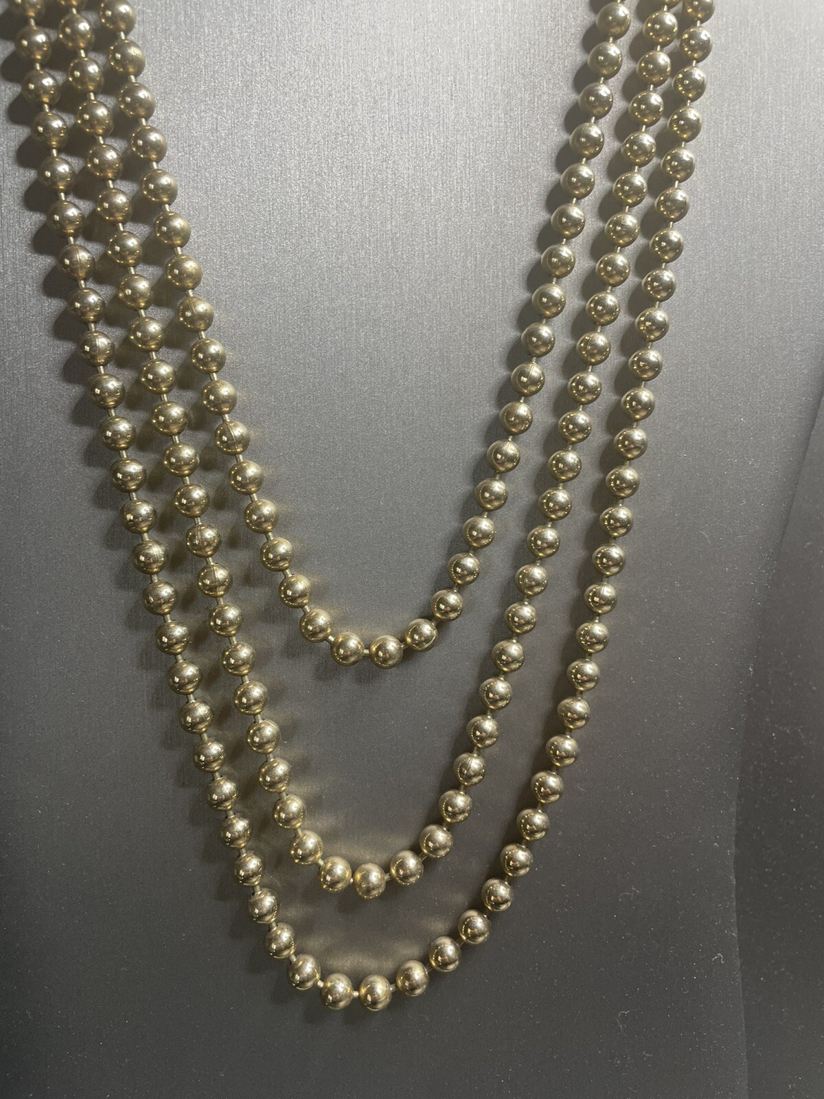 Miriam Haskell 60” Gold Tone 6.4mm Metal Bead Flapper Necklace Signature Clasp