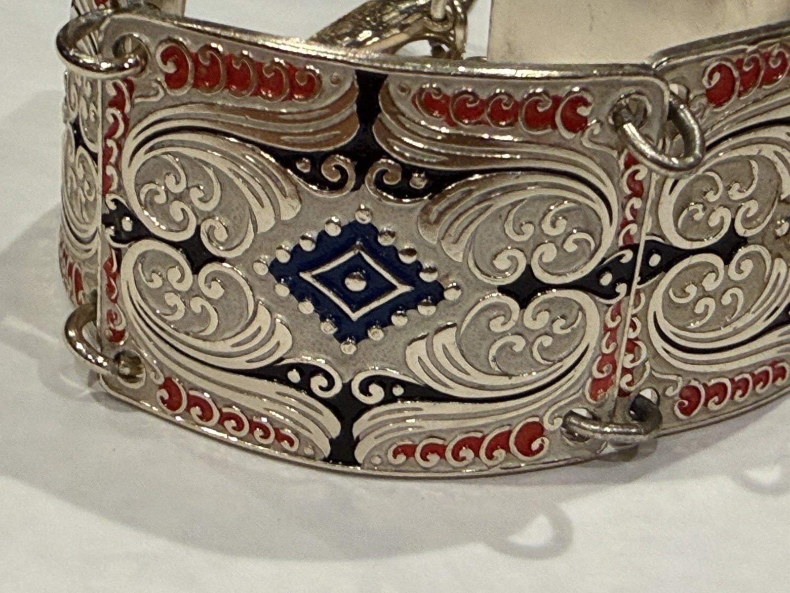 WEST GERMANY RED WHITE BLUE ENAMEL SILVER PANEL LINK 8″ BRACELET VINTAGE EUC