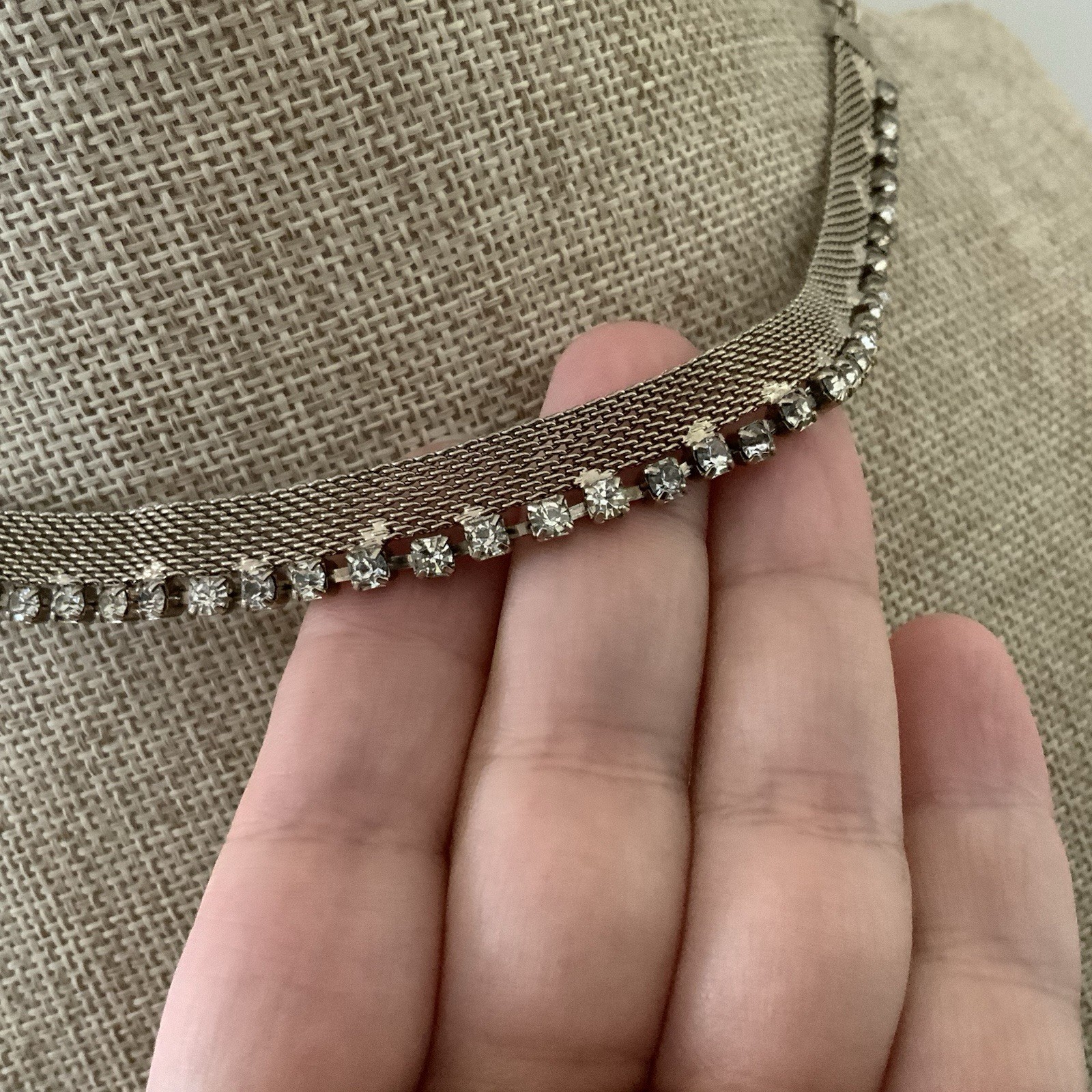 Vintage Rhinestone Mesh Choker Necklace Gold Tone Minimal Sparkle 50s