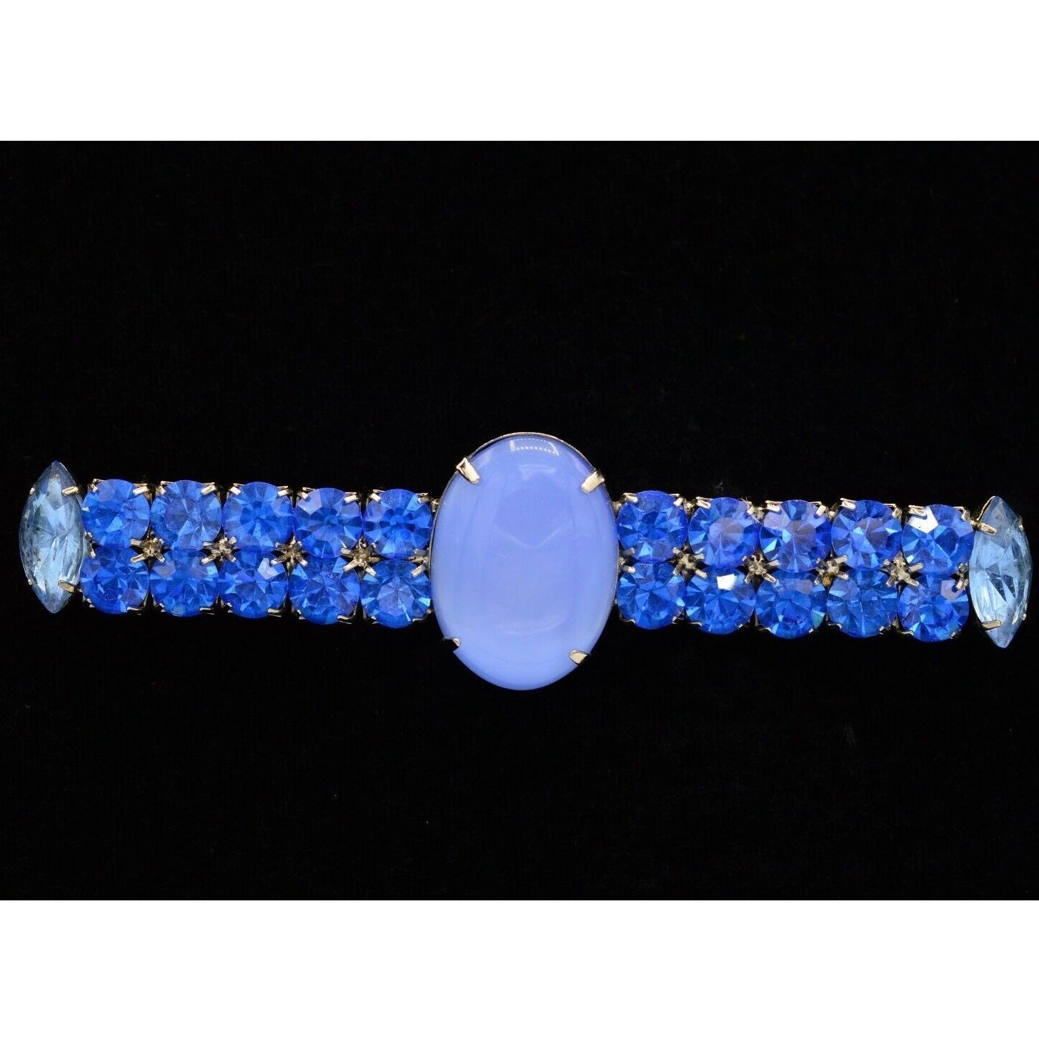 Vintage Cabochon Crystal Pin Brooch Prong Rhinestone Blue Bar Chunky 1980s BinV