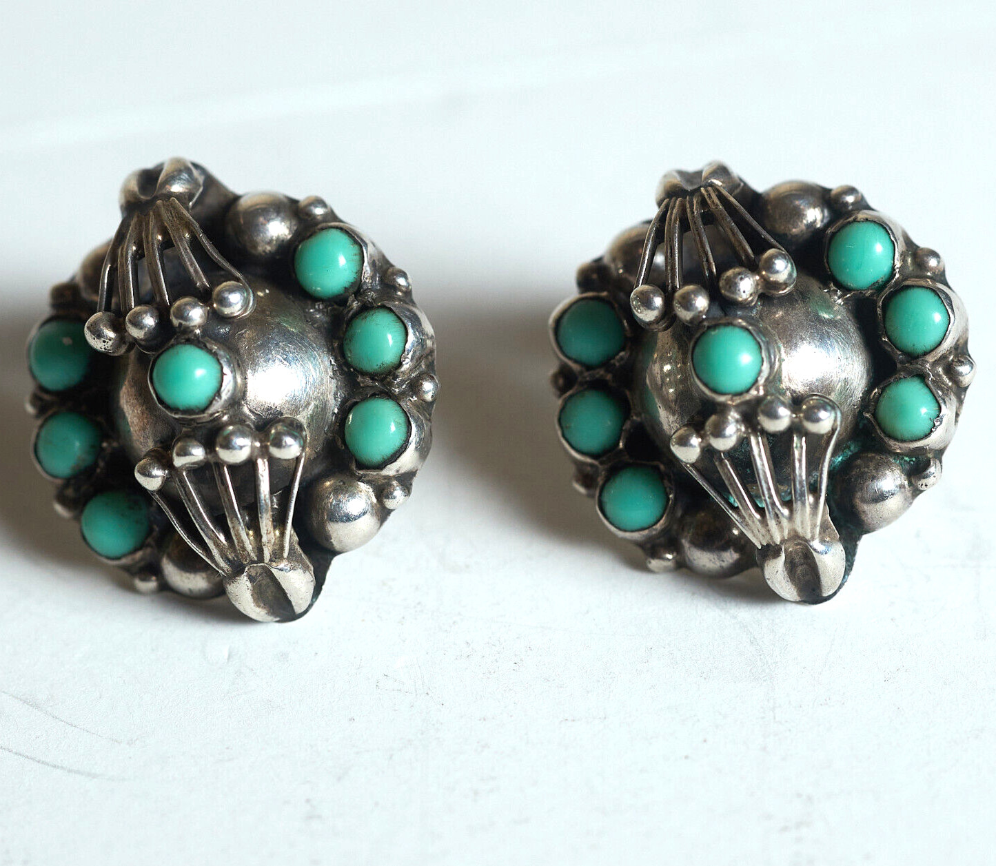 1940s Artisan 925 Silver Mexican Handmade Ornate Earrings Green Stone Screw Back