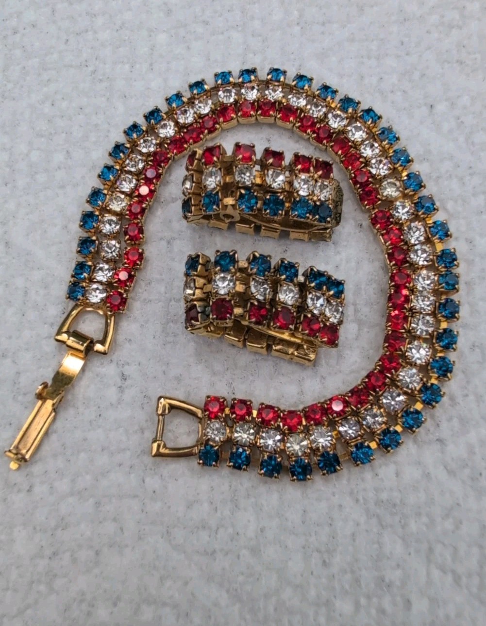 Vintage Red White & Blue Rhinestones Bracelet Clip On Earring Set 4th Of July