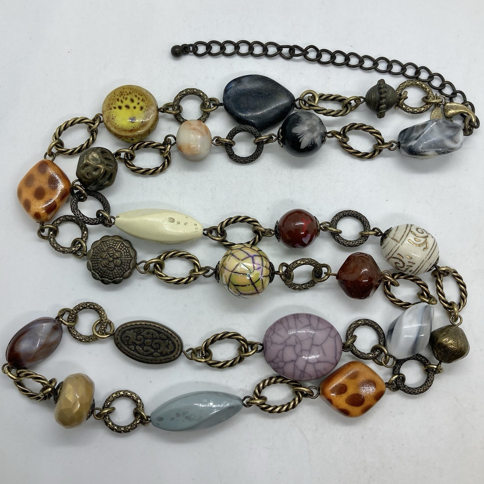 Vtg Boho Statement Bead Brass Chain Link Statement Necklace 34” Signed
