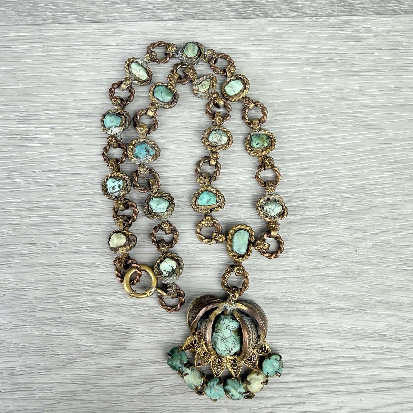 Vintage Possibly Antique Chinese Import Filigree Turquoise Pendant Necklace