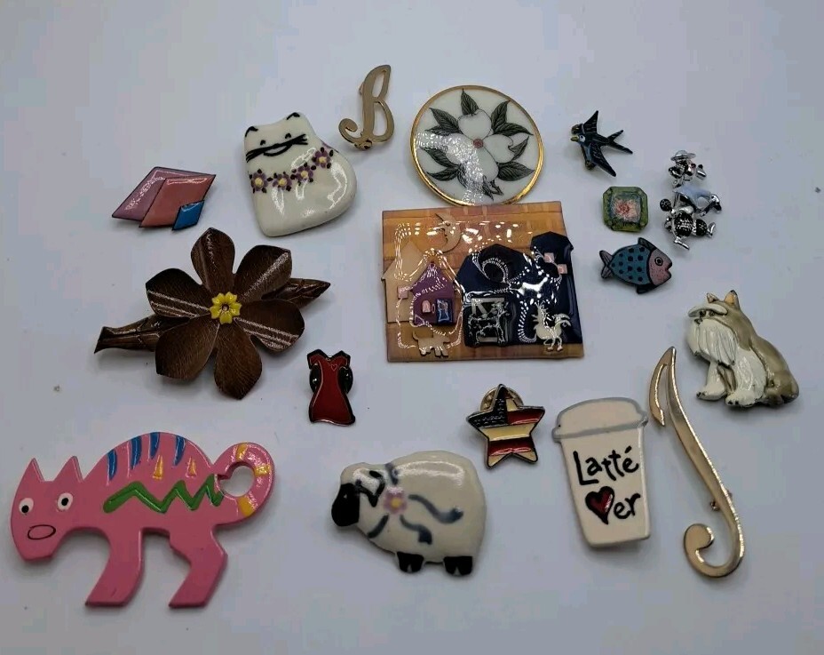 Vtg Lot (17) Pins Lapels Funky Eccentric Cat Flower Dog Handmade Latte Animals
