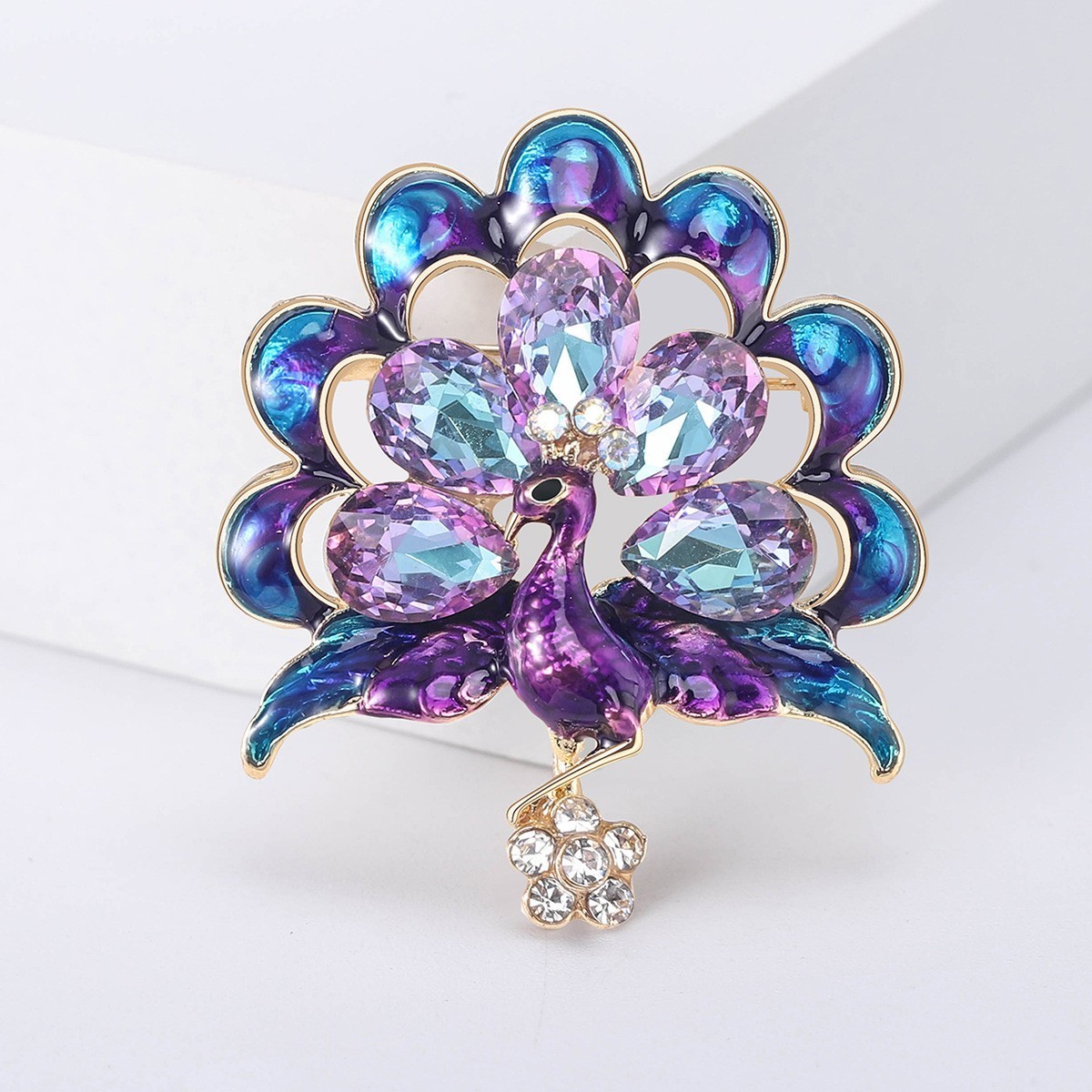 Style Peacock Bird Rhinestone Crystal Cyan Brooch Pin Pendant Flower Jewelry