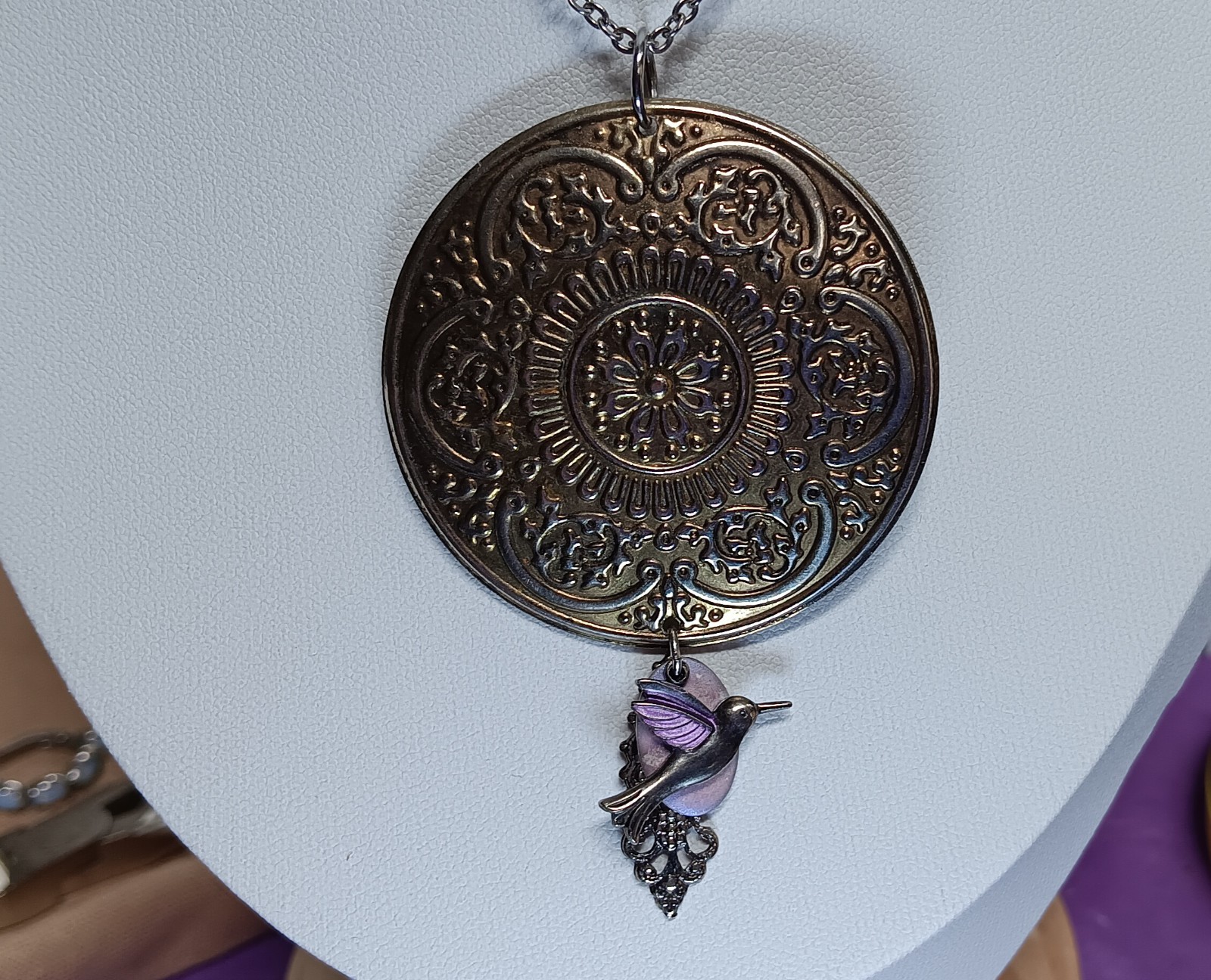 Hummingbird Necklace Purple Silvertone Repousse Pendant Ornate Design Filigree