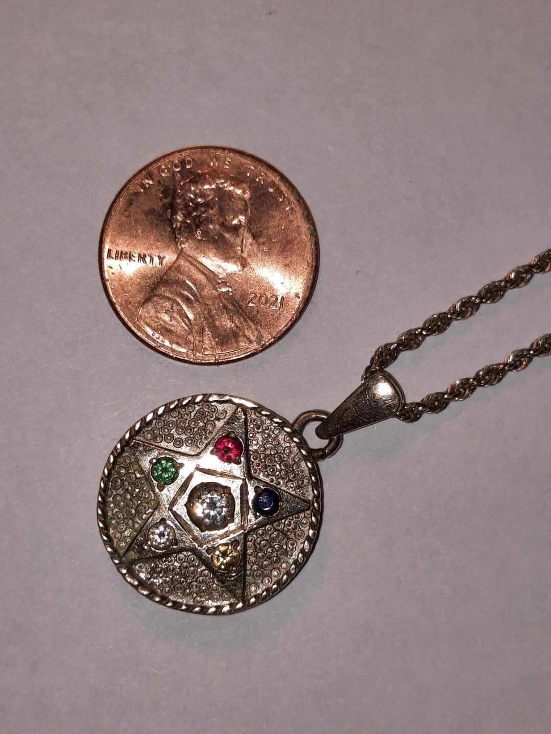 Vintage 14K white gold Masonic Eastern Star Pendant Charm & 20″ 10k rope chain