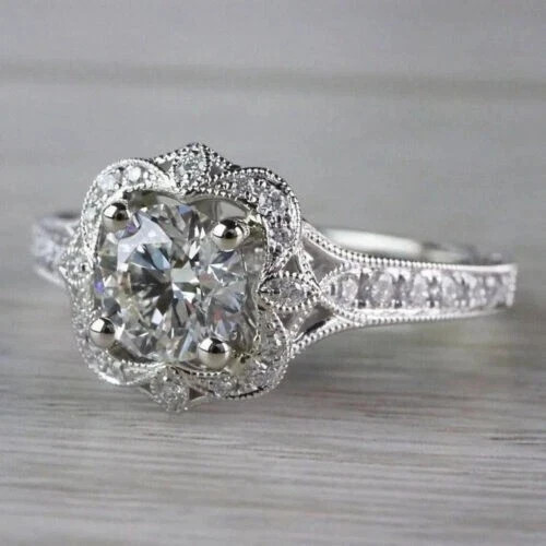 Lab Created Diamond Art Deco Round Cut 14K White Gold Finish Halo Wedding Ring