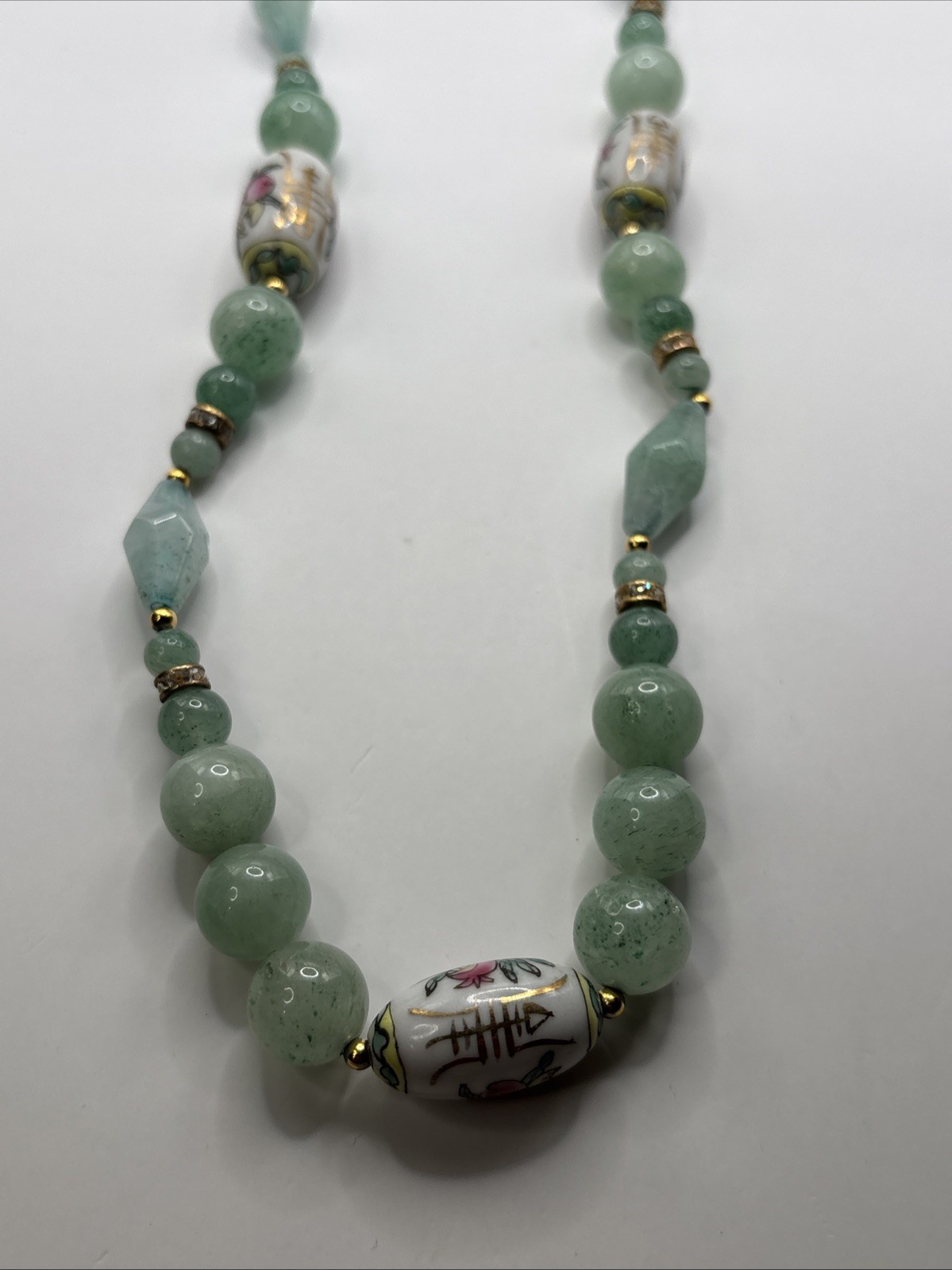 Vintage Chinese Hand-Painted Porcelain and Green Jade Beaded 34”Necklace