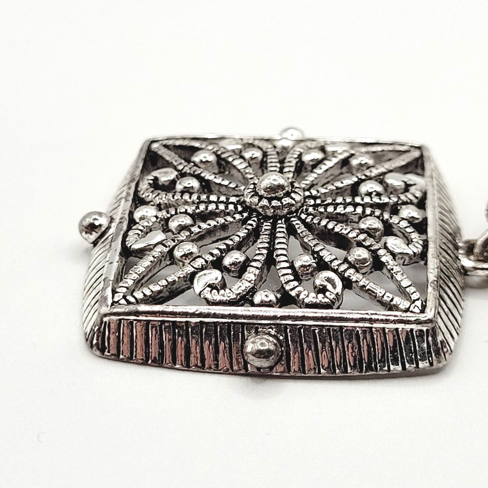 Napier Two Chain with Square Floral Filigree Ornate Silver Tone Pendant Necklace