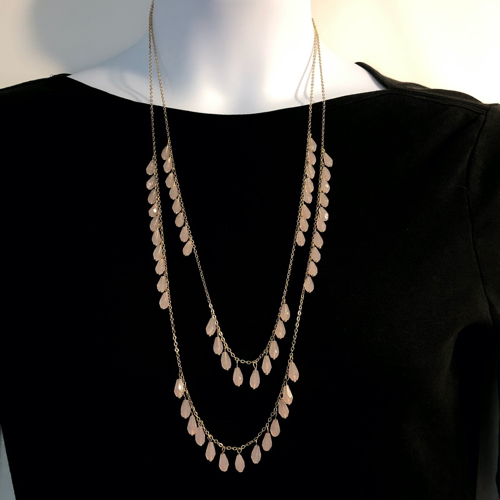 Avon Necklace Pink Long Faceted Teardrop Beaded Dangle 2 Strands
