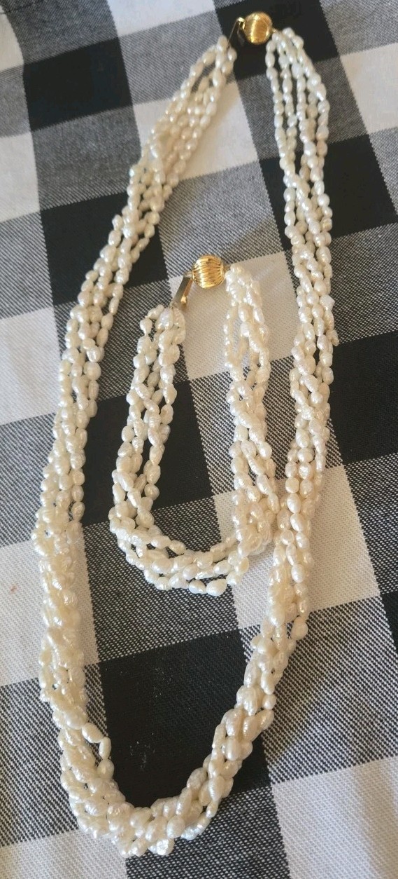 Vintage Freshwater Rice Pearls Necklace & Bracelet 5 Strand Gold Tone Ball Clasp