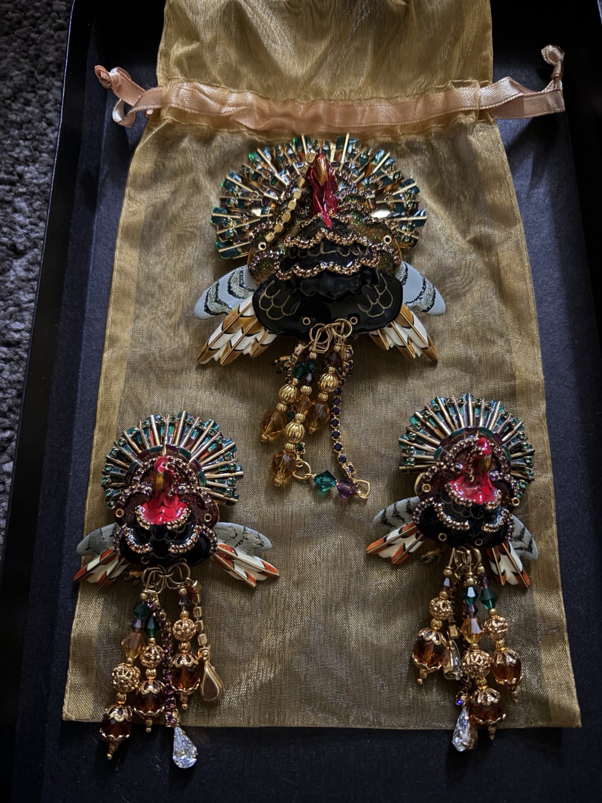 Lunch At The Ritz (LATR) Turkey Brooch / Pendant Earrings RARE VINTAGE Set