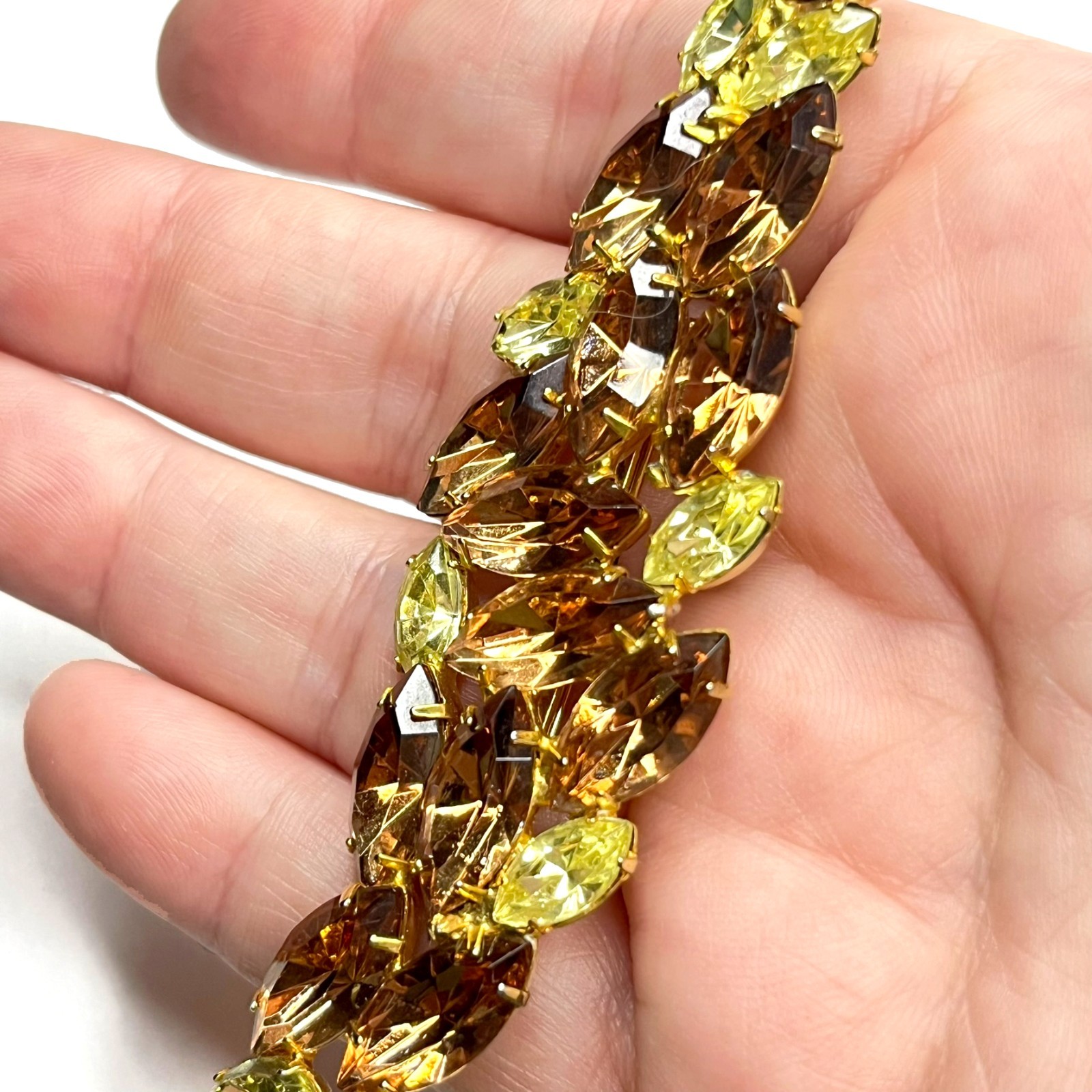 Large VTG Juliana? Leaf Flame Swoosh Brown Yellow Navette Rhinestone Pin Brooch