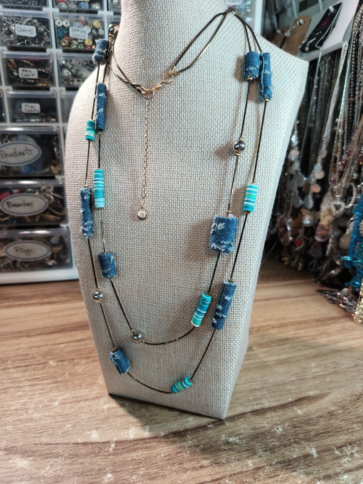 C1946 Vintage Mixed Media Artisanal – Denim & Beads – Bohemian – South Western –