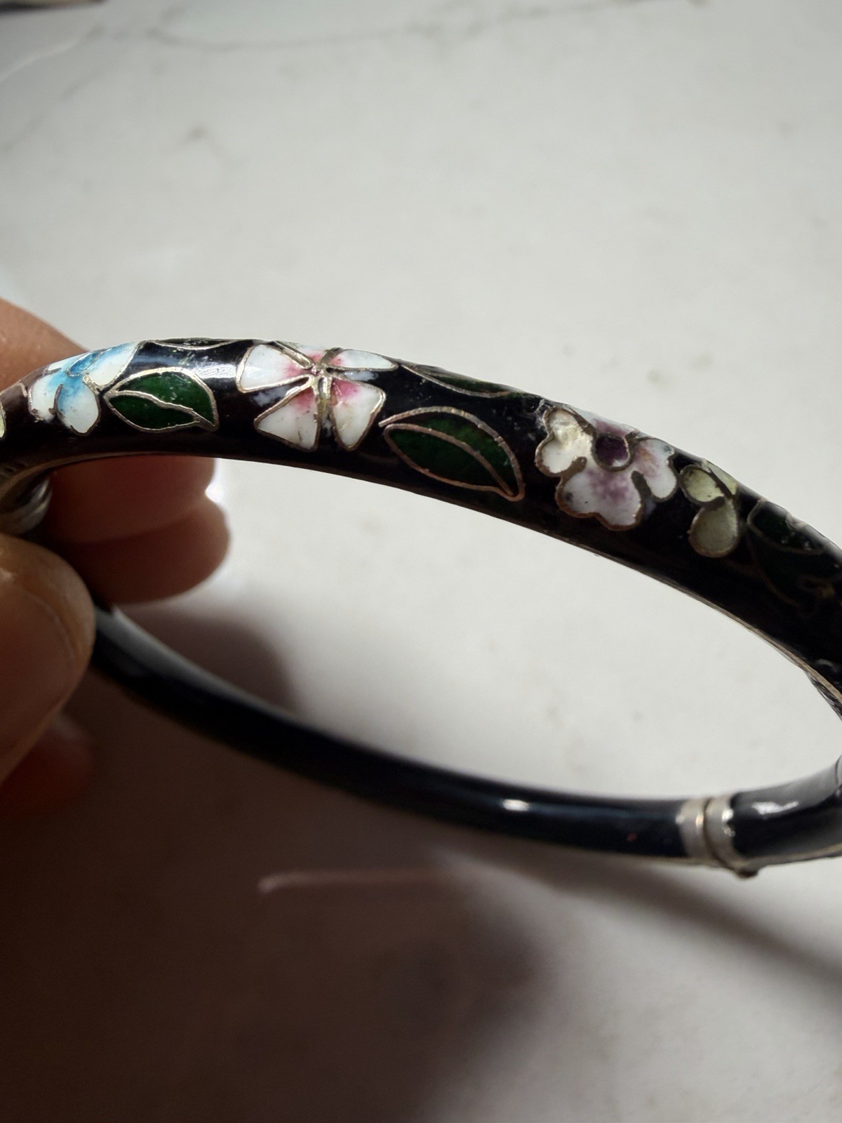 Vintage Cloisonne Enamel Floral Hinged Bangle Bracelet Black Background 2.8in