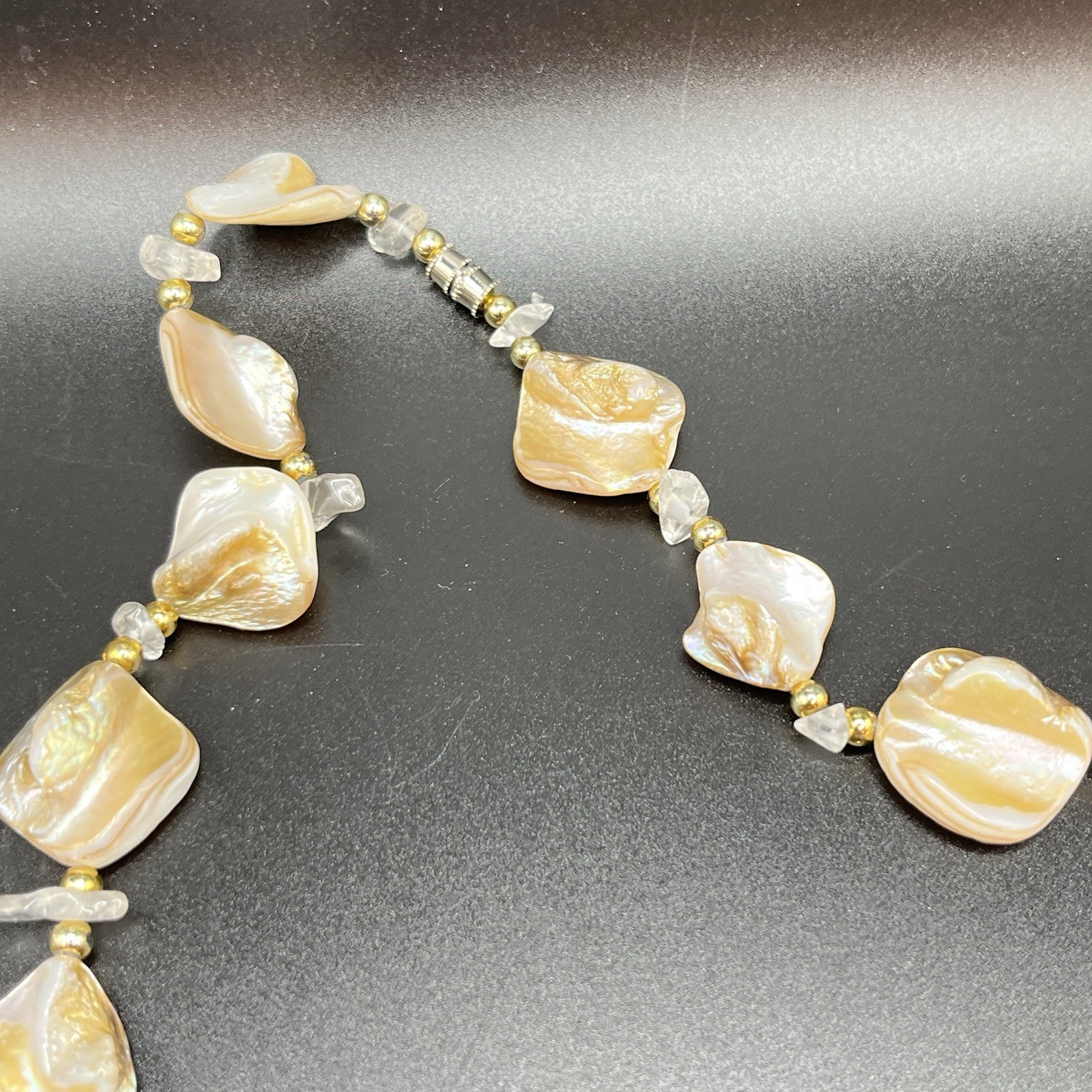 Vintage Beaded Shell Mother of Pearl Necklace Peach Cream Beige Pearlescent 19”
